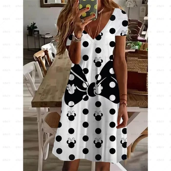 2022 Летнее Элегантное женское платье с принтом Disney Minnie Mickey, V-образный вырез, Женские Короткие рукава Длиной до колен, платье нового дизайна XS-8XL