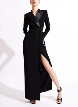 2023 новое модное женское вечернее длинное платье с V-образным вырезом, женская длинная куртка, элегантная юбка с разрезом с длинными рукавами, облегающая фигура