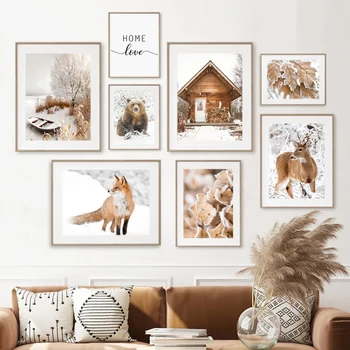 Зимний пейзаж, картина на холсте, настенное искусство, плакат с изображением животных, листьев, поля, пейзажа и принт для современного домашнего декора гостиной