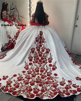 Пышные платья с вышивкой из Мексиканских красных роз С бантом, бальное платье на шнуровке, Платья для дня рождения С открытыми плечами Sweet 16