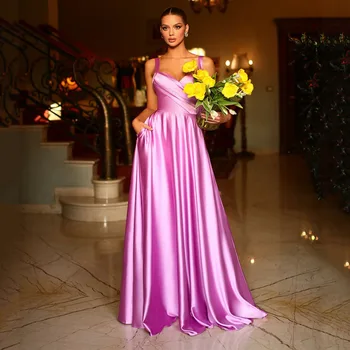 Ярко-розовое атласное вечернее платье, сексуальное платье для выпускного вечера с вырезом в виде сердца и открытой спиной, тонкие бретельки, складки, вечернее платье длиной до пола